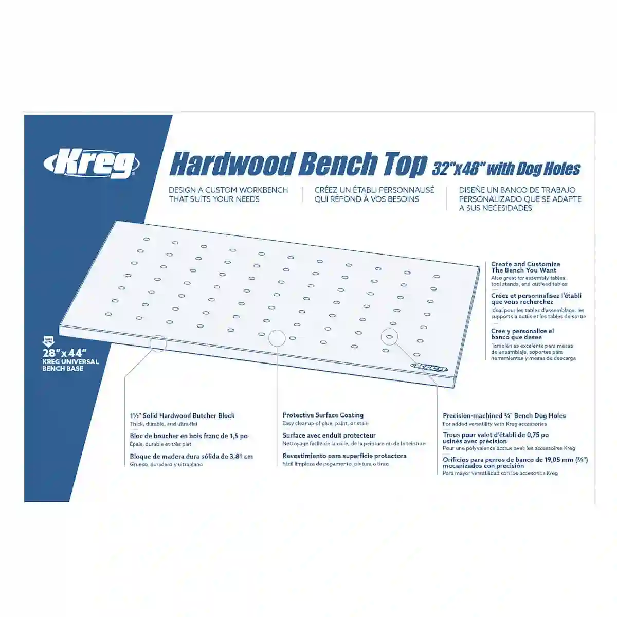 Tablero de madera dura 813 mm x 1219 mm con orificios de fijación HWBT-4832-DH Kreg