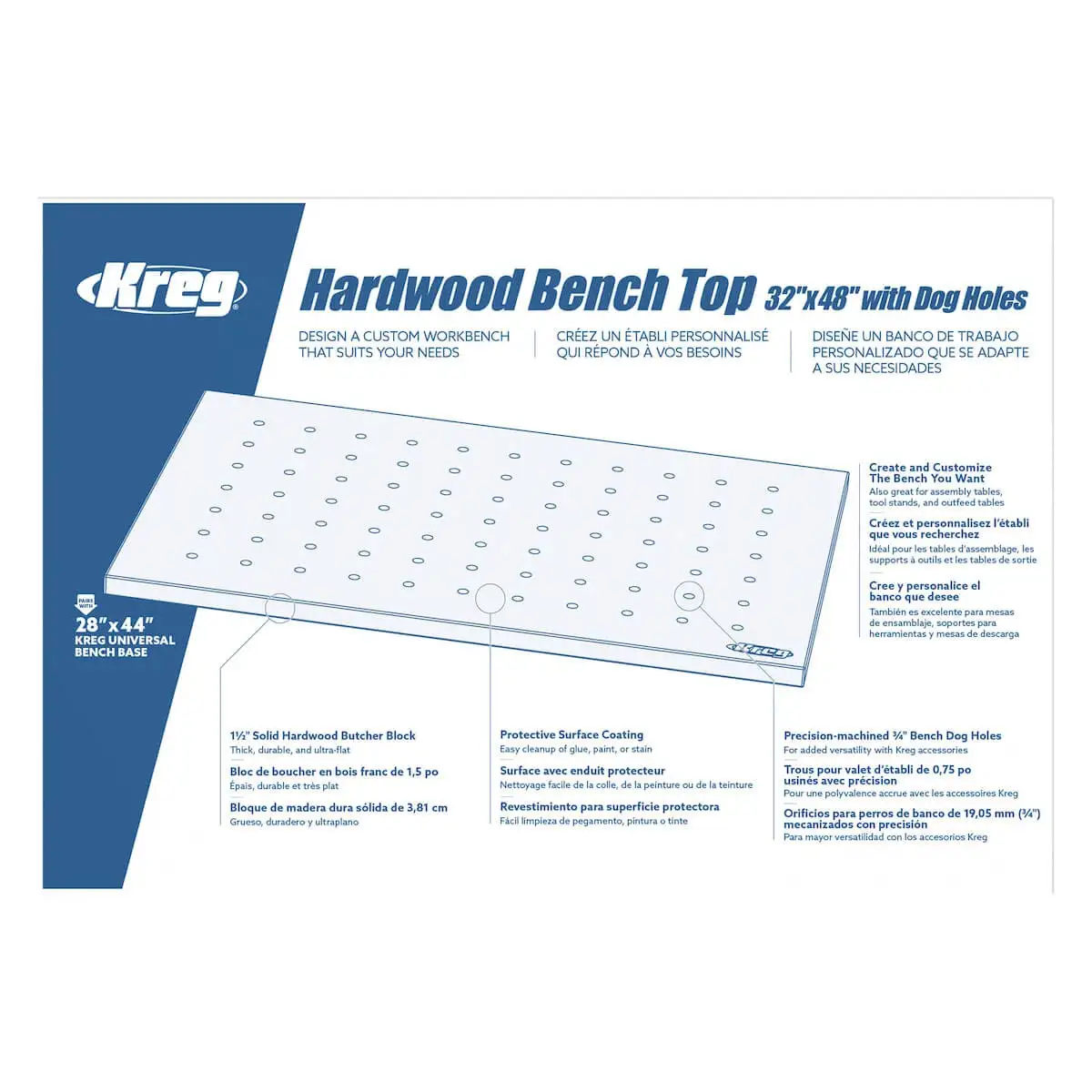 Tablero de madera dura 813 mm x 1219 mm con orificios de fijación HWBT-4832-DH Kreg