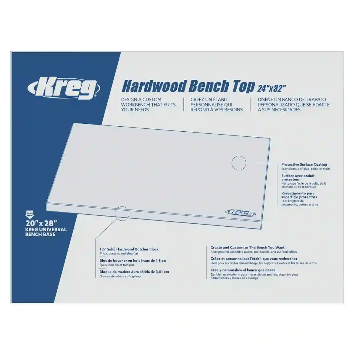 Tablero de banco de madera dura 610 mm x 813 mm HWBT-3224 Kreg