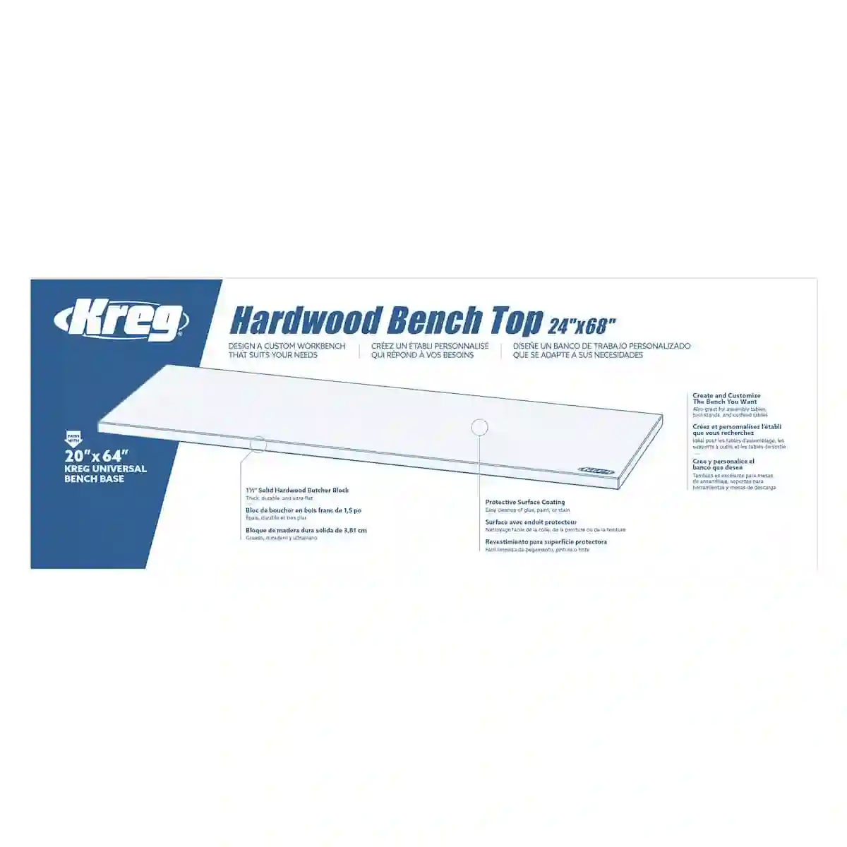 Tablero de banco de madera dura 610 mm x 1727 mm HWBT-6824 Kreg