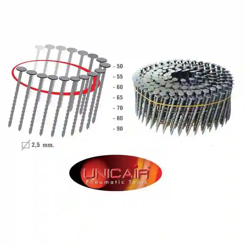 Caja de 9 millares de clavos helicoidales de 2.5 x 50 mm en bobinas Unica