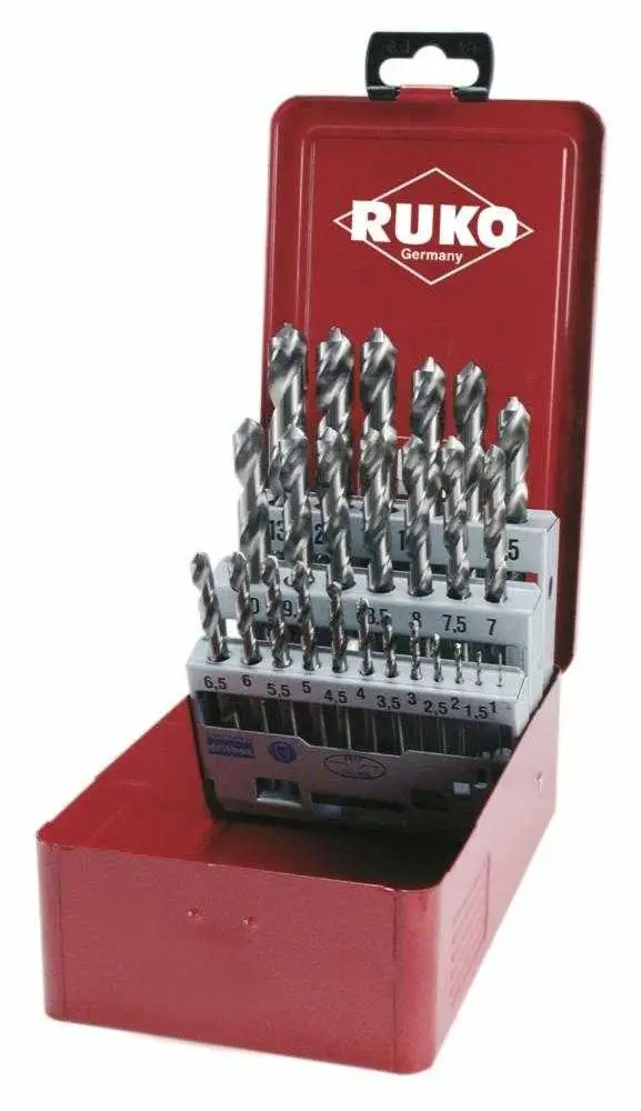 Juegos de brocas helicoidales HSS rectificadas en caja metálica 25 brocas Ruko