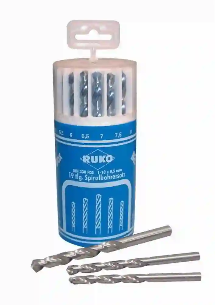 Juego de brocas helicoidales HSS rectificadas en bote cilíndrico Ruko