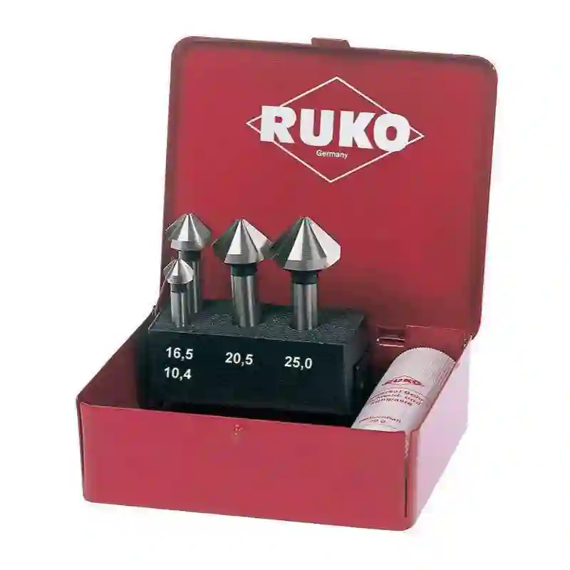 RUKO 102150E - Juego de 4 avellanadores cónicos DIN 335 forma C HSS-Co 5 90° para aceros VA