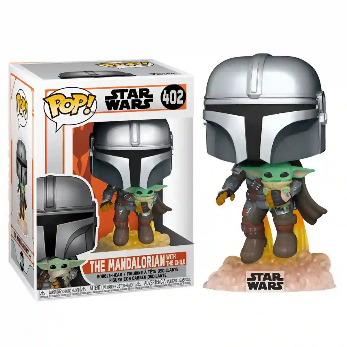 Funko Pop. The Mandalorian flying Jet Pack and Baby Yoda. Mandalorian.