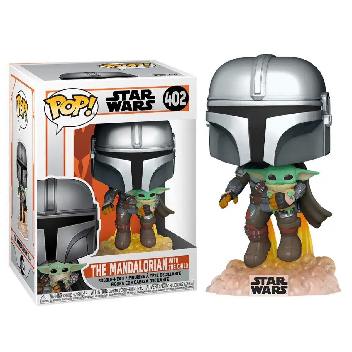 Funko Pop. The Mandalorian flying Jet Pack and Baby Yoda. Mandalorian.
