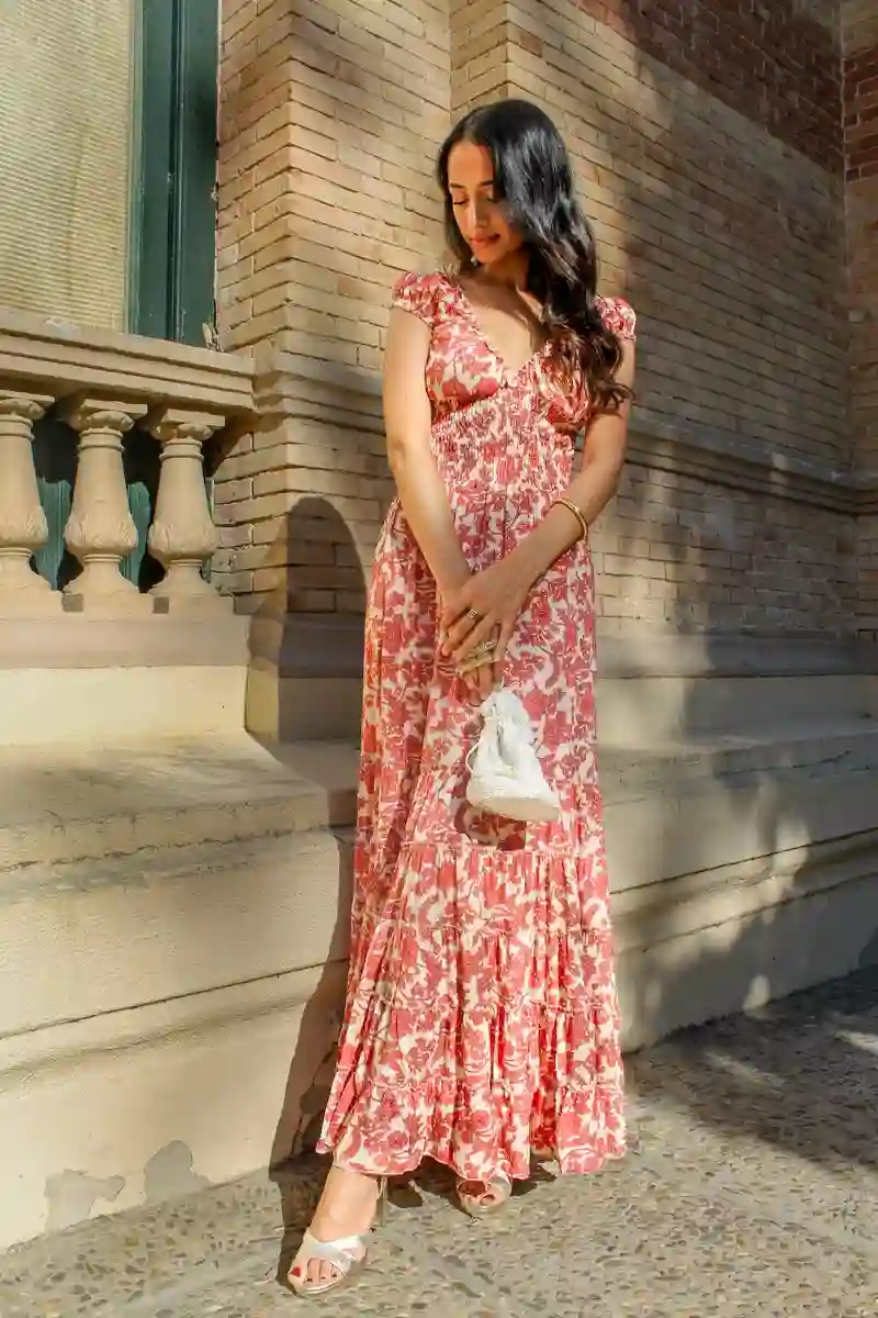 VESTIDO LARGO ESTAMPADO SEDA FLORAL ROSA