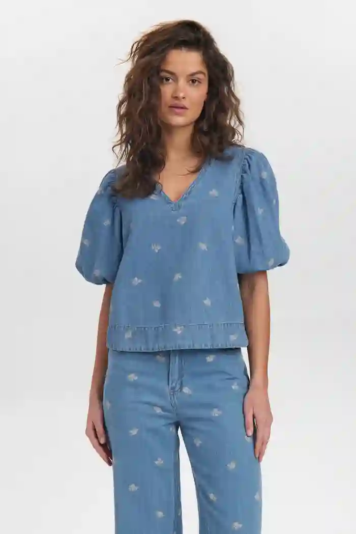 Camisa manga abullonada azul