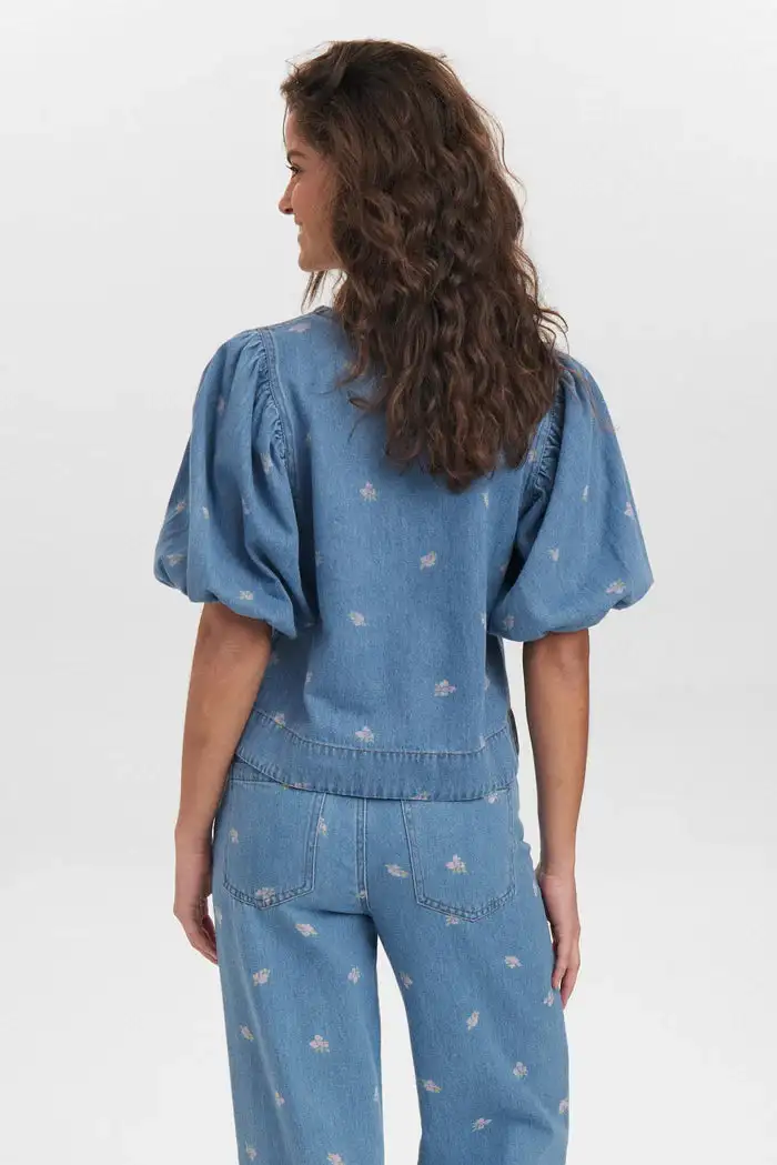 Camisa manga abullonada azul - Imagen 2
