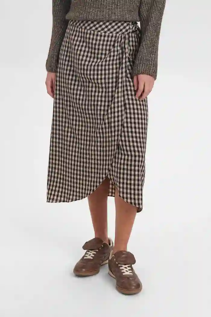 Falda midi vichy marron