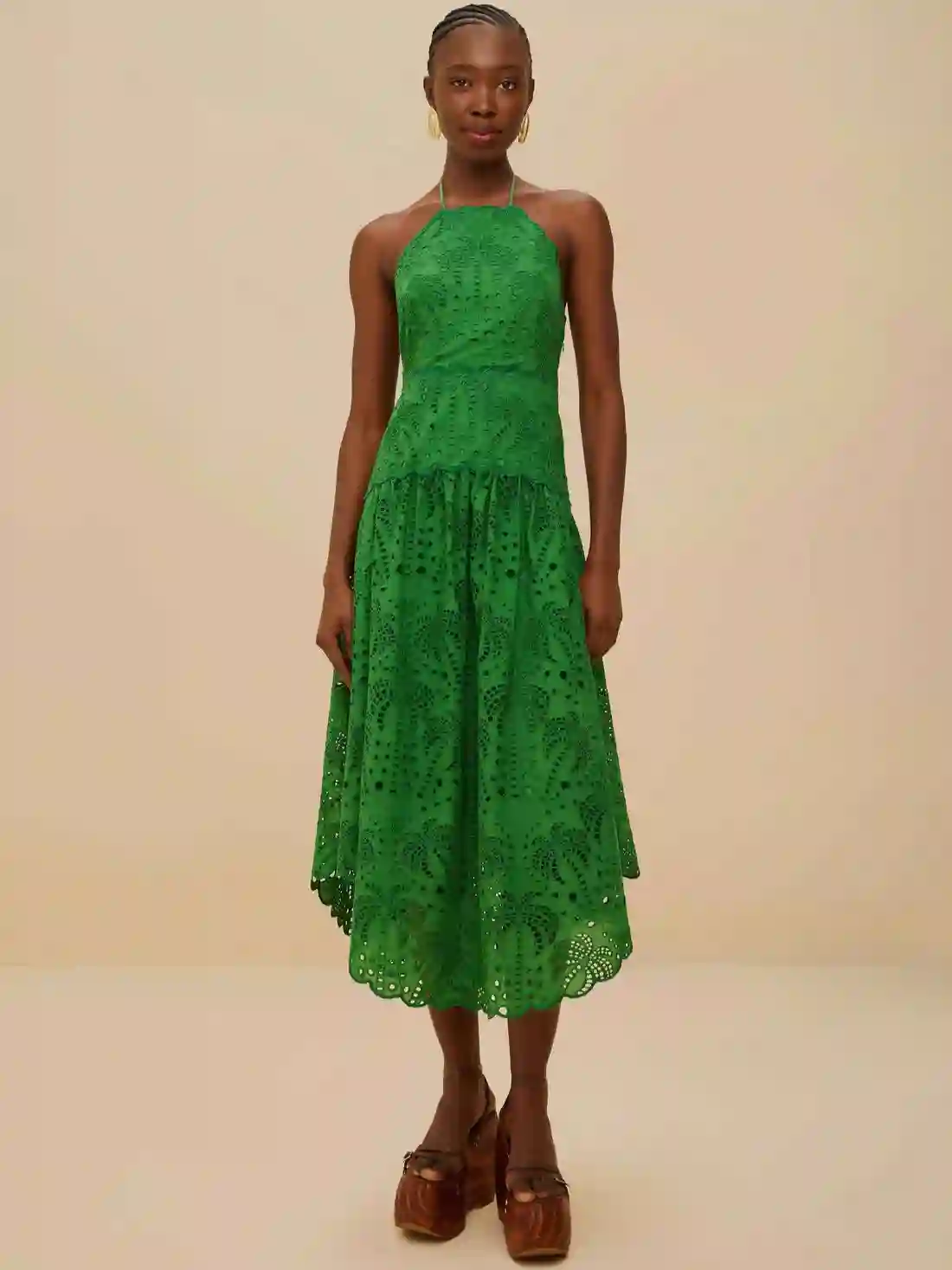 Green Palm Tree Eyelet Midi Dress