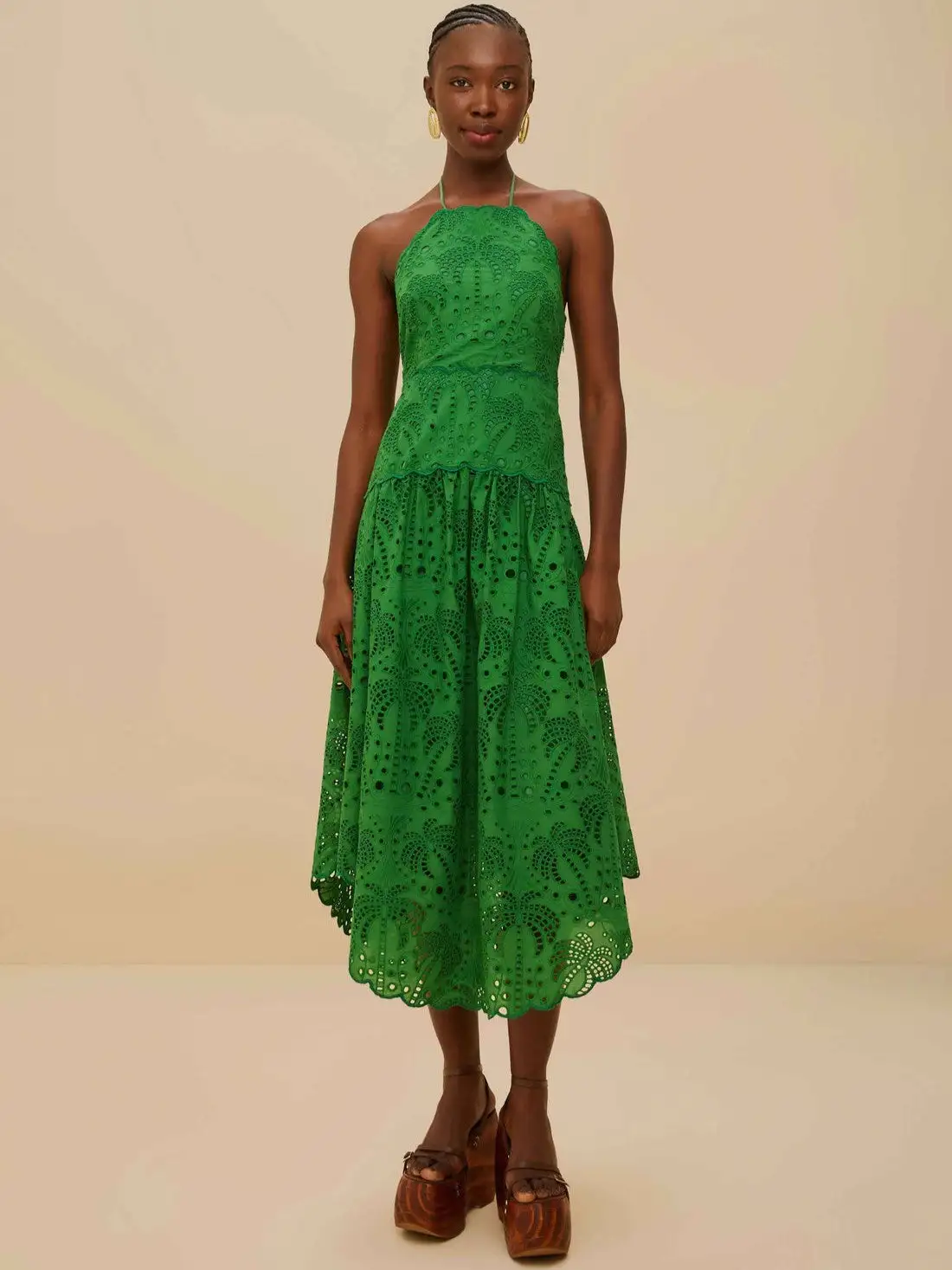Green Palm Tree Eyelet Midi Dress