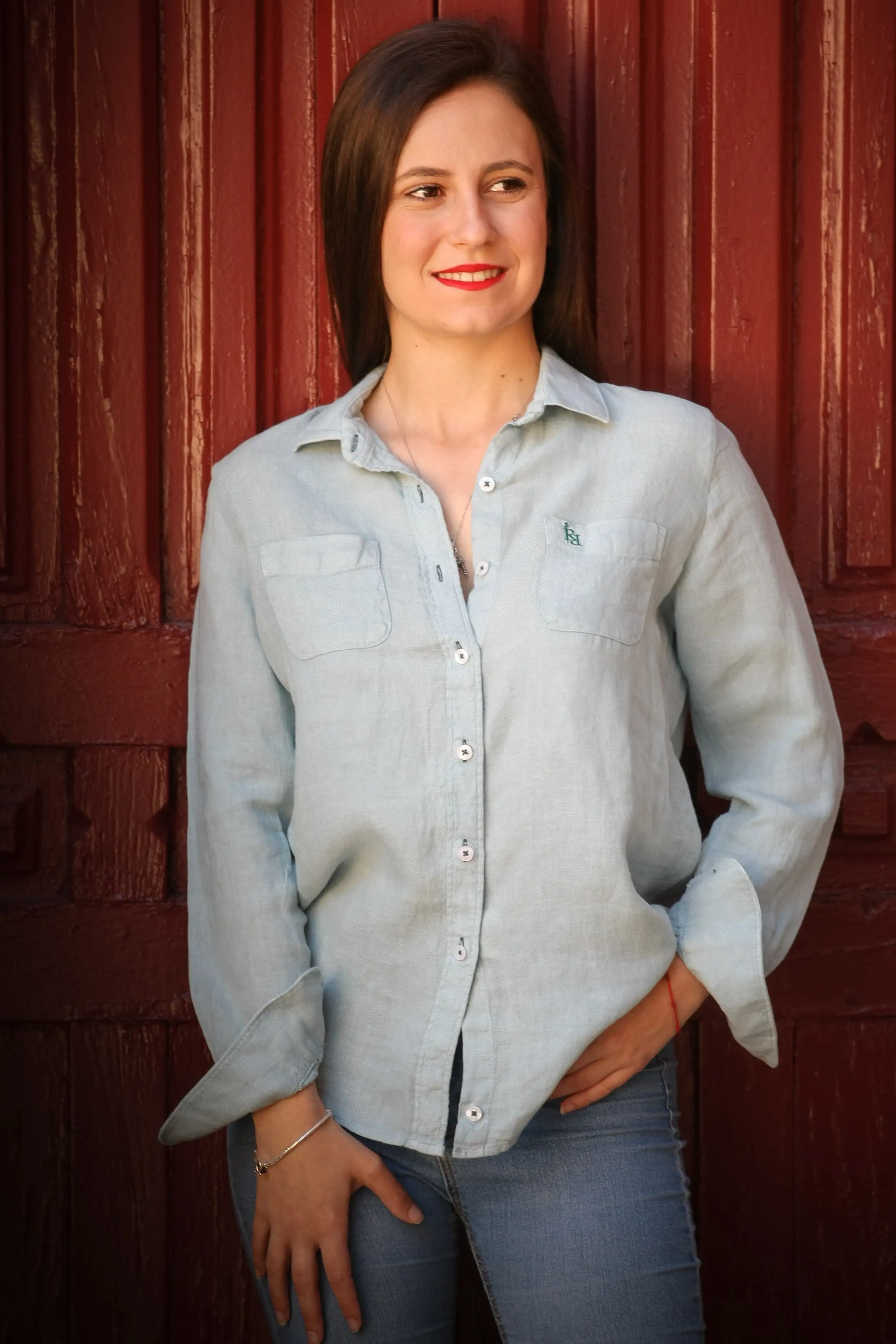 Blue Lino Women's Shirt Petroleum Light Gray. - Image 2