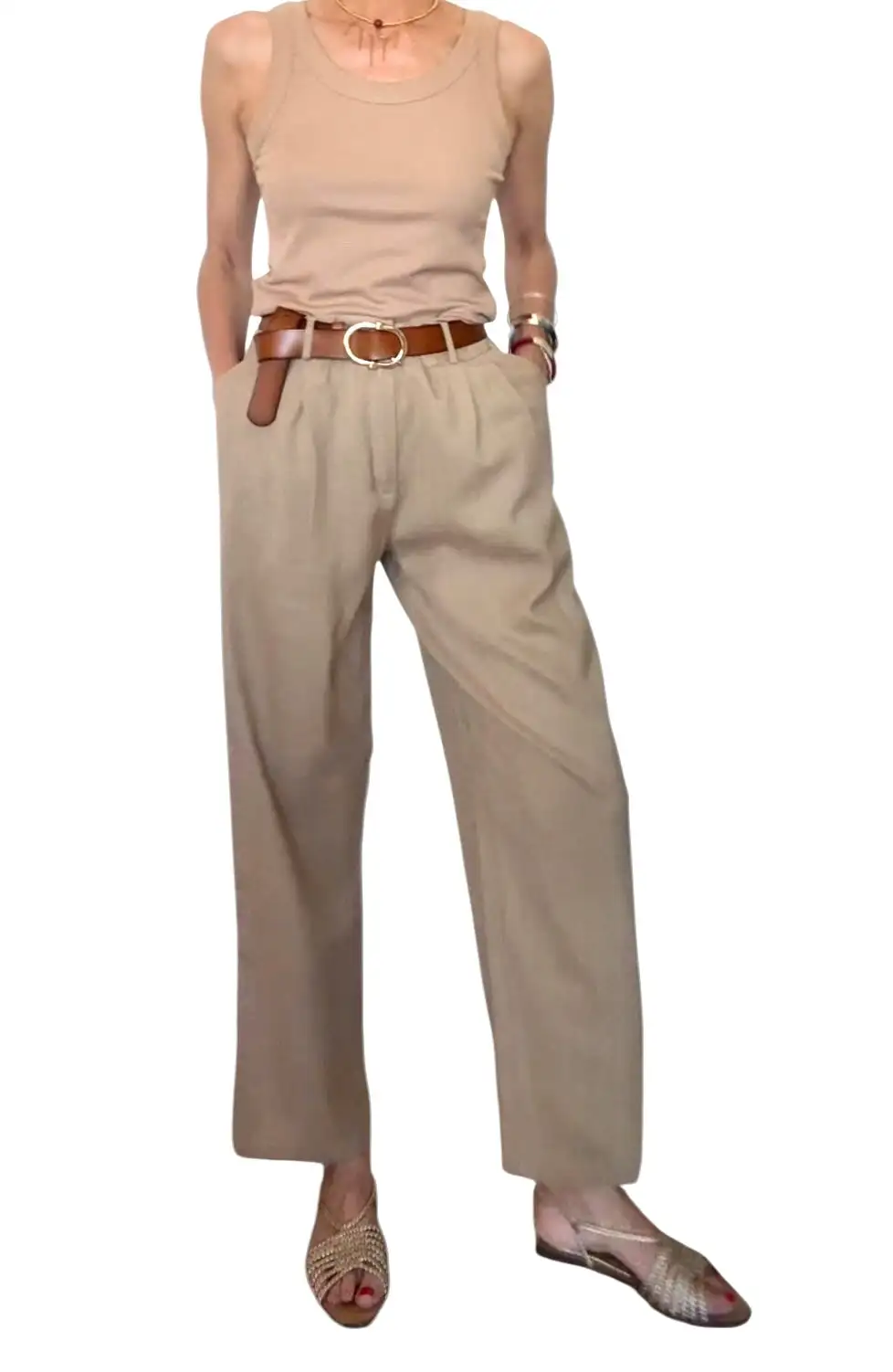 Pantalón pinzas lino beige - Imagen 2