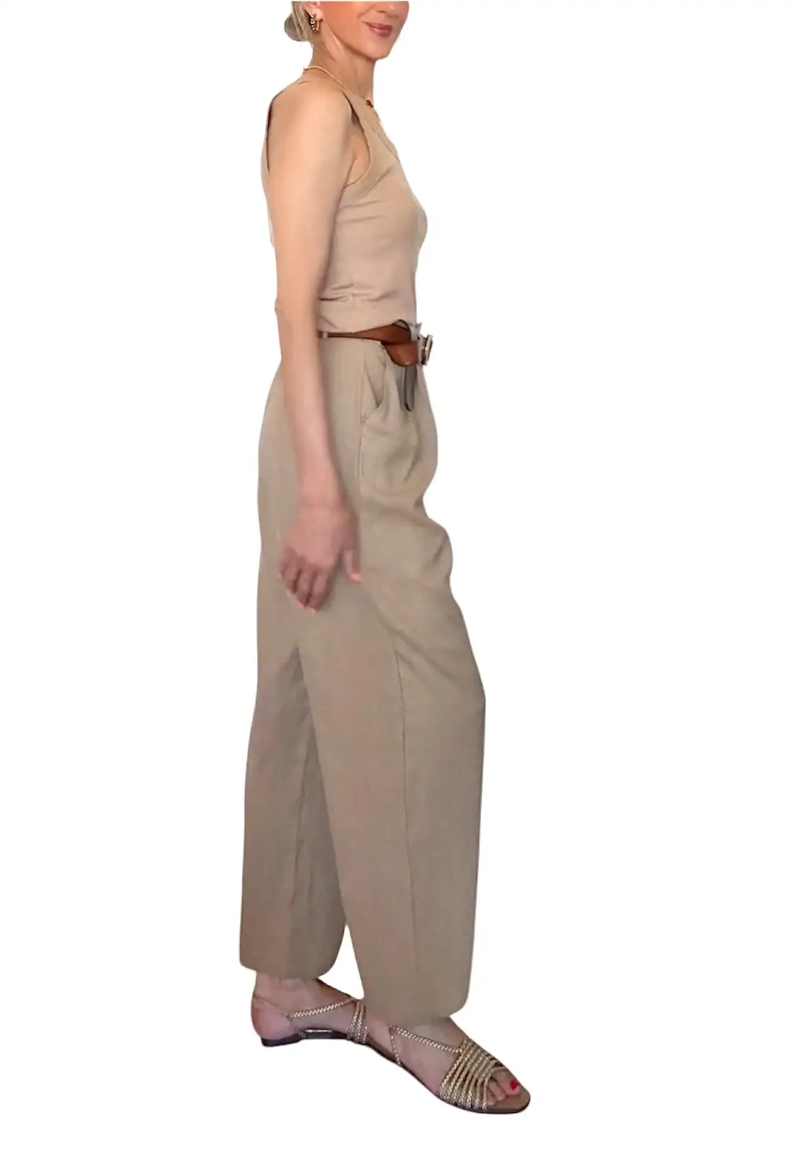Pantalón pinzas lino beige - Imagen 3