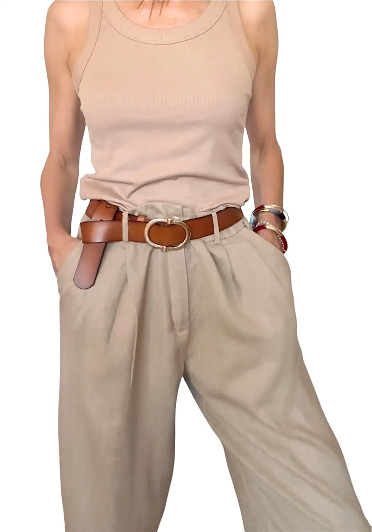 Pantalón pinzas lino beige - Imagen 4