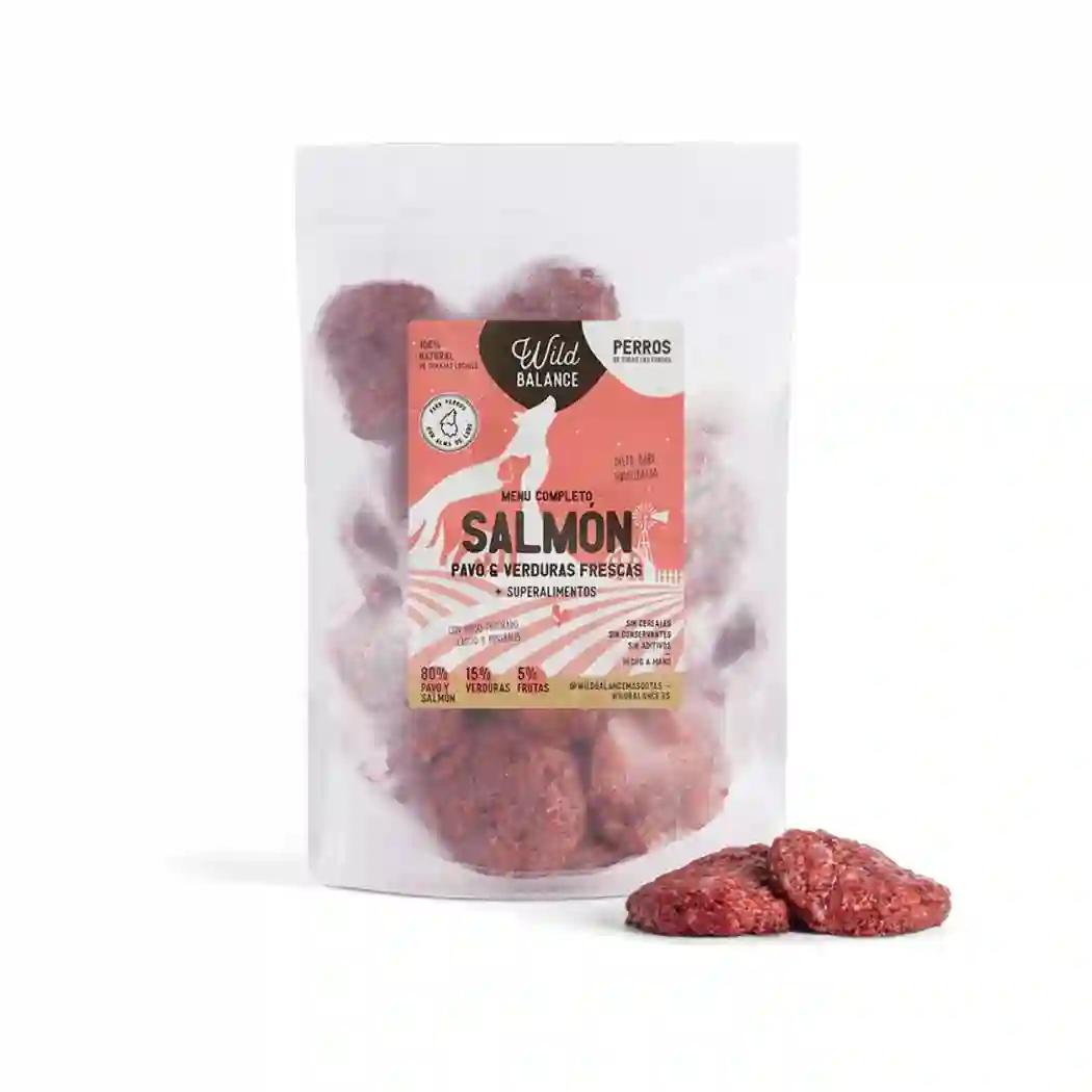 Salmon barf menu with fresh dog vegetables