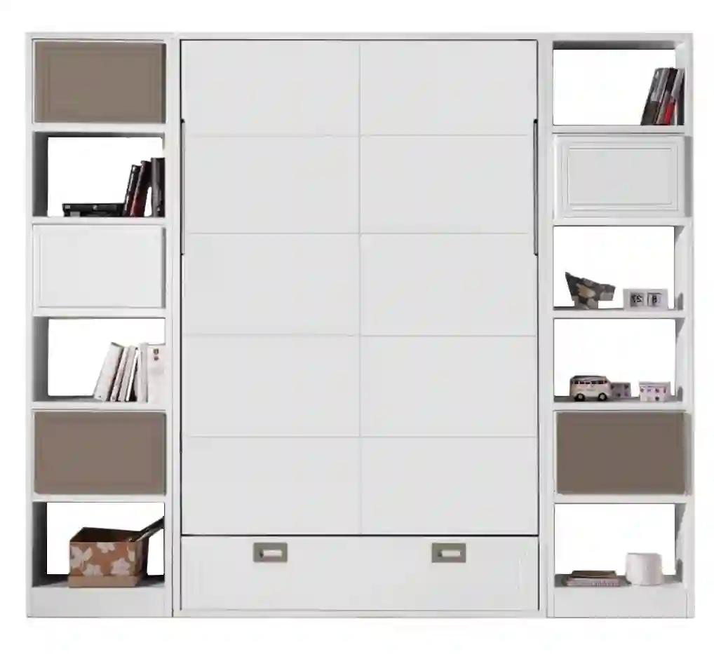 Vertical folding bed with lacquered storage.