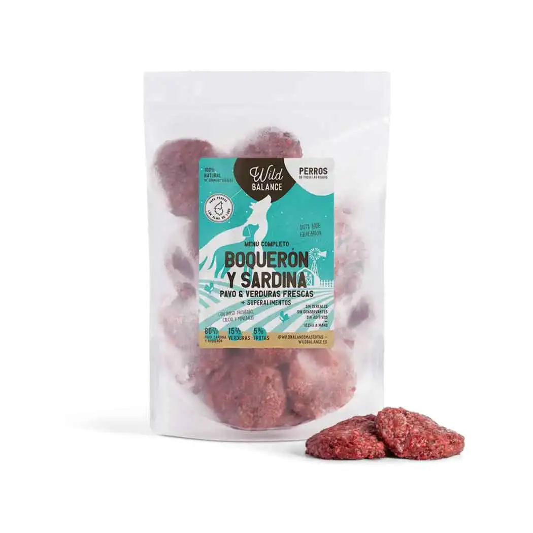 Menú BARF de Boquerón y Sardina con verduras frescas para perros