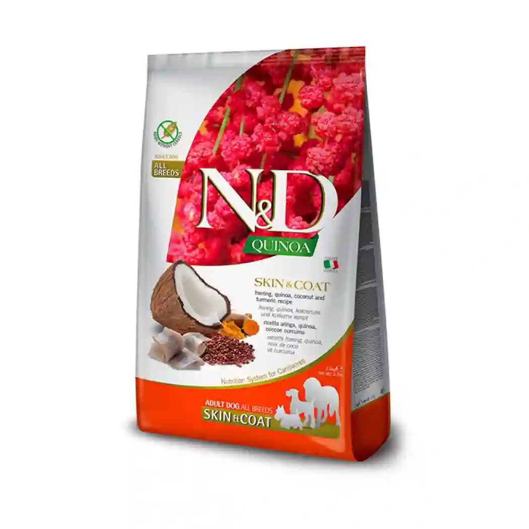 N&D Quinoa Skin & Coat All Breads con Arenque, quinoa, coco y cúrcuma receta