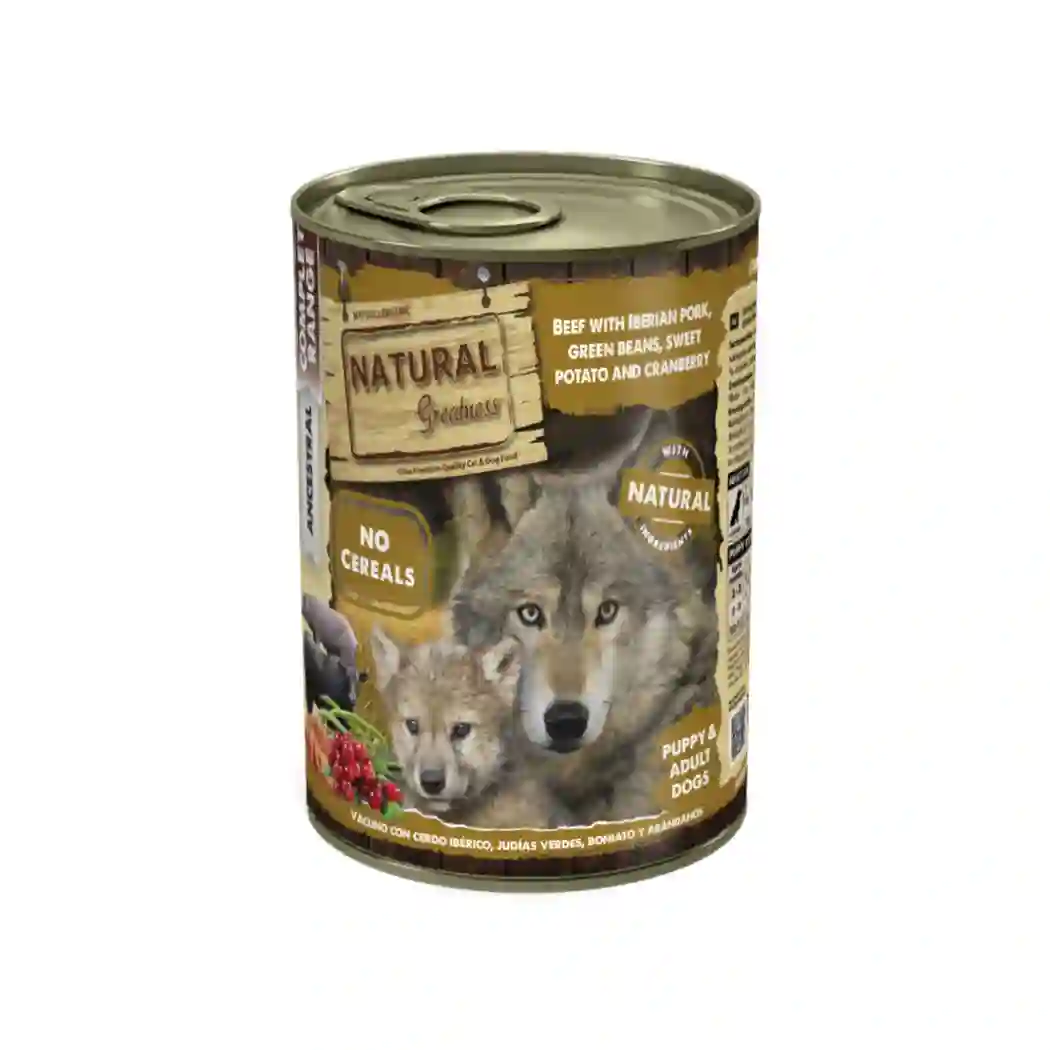 Natural Greatness VACUNO CON CERDO IBÉRICO, JUDIAS VERDES BONIATO Y ARÁNDANOS 400g