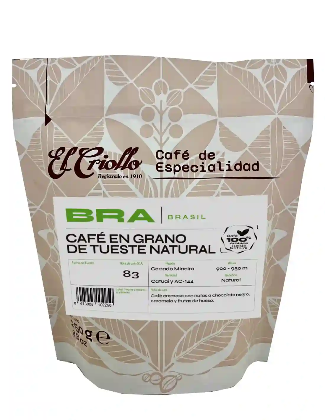 El Criollo Café de Brasil en Grano - Paquete 250 GR