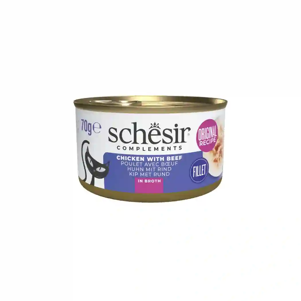 Schesir lata gato complementario Pollo con Vacuno en caldo 70g