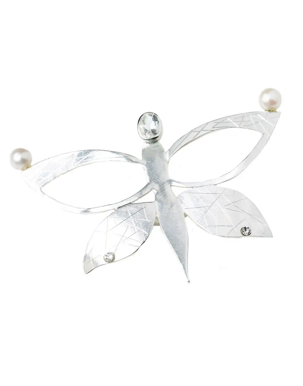 Tocado de plata en forma de mariposa con cuarzo y perlas