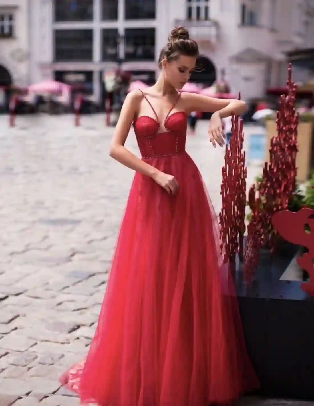 Long party dress with embroidery tulle skirt and bodice