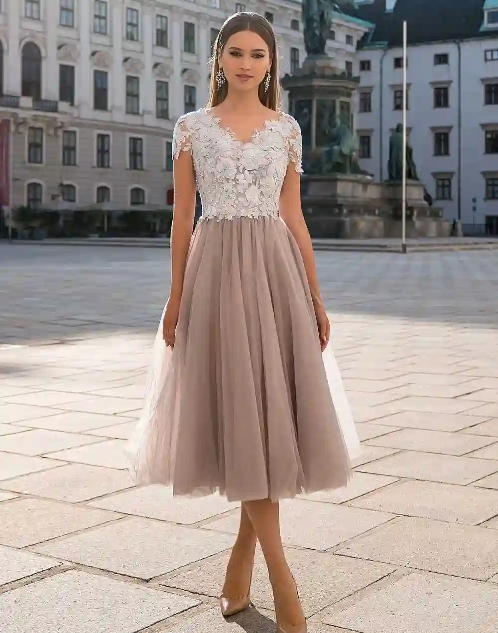 Midi dress with embroidery body and tulle skirt