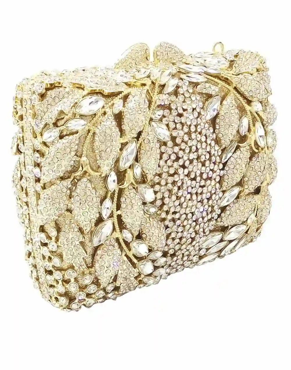 Bolso joya de pedrería y cristal con diseño de hojas