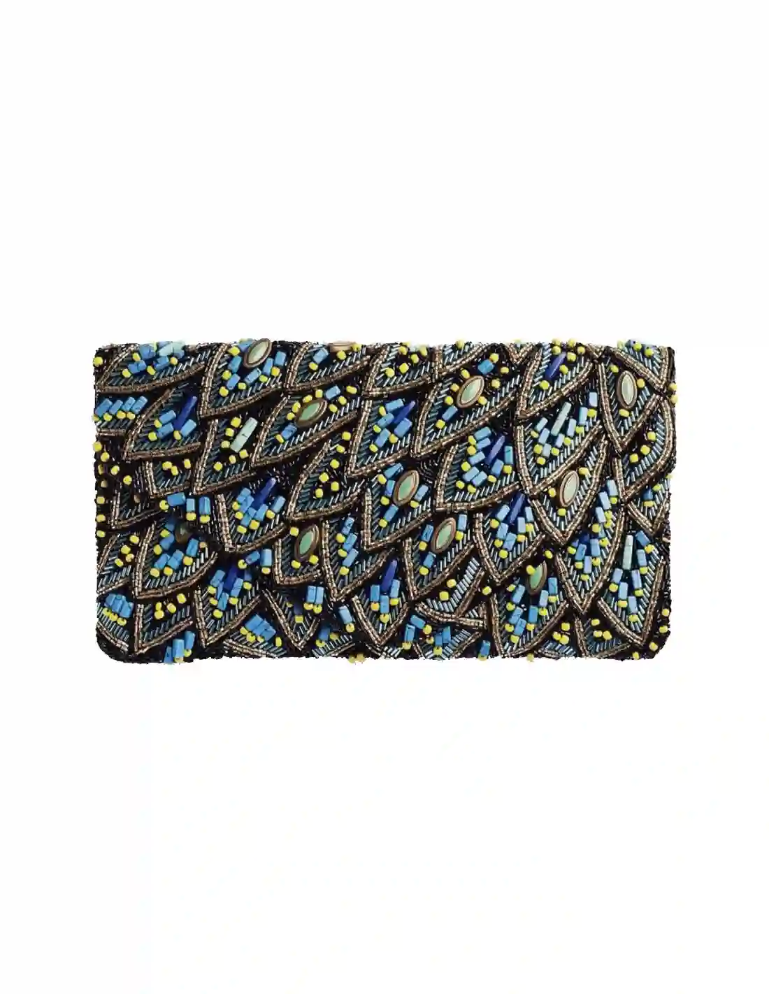 Bolso de mano de pedrería inspiración pavo real