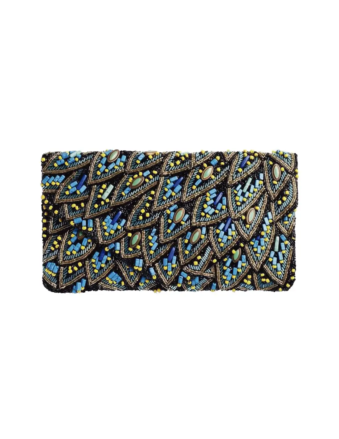 Bolso de mano de pedrería inspiración pavo real
