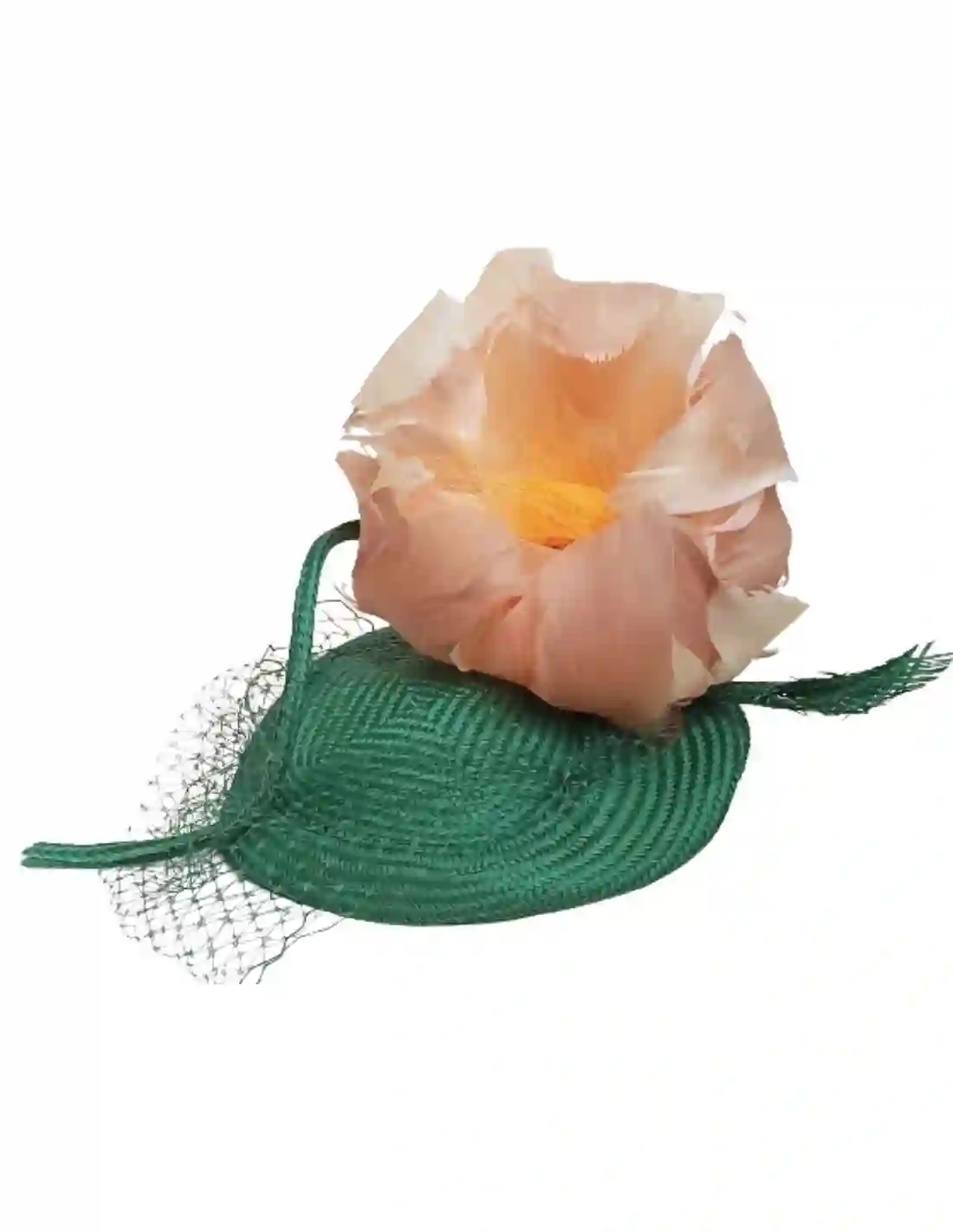 Tocado de buntal con flor de plumas y velo