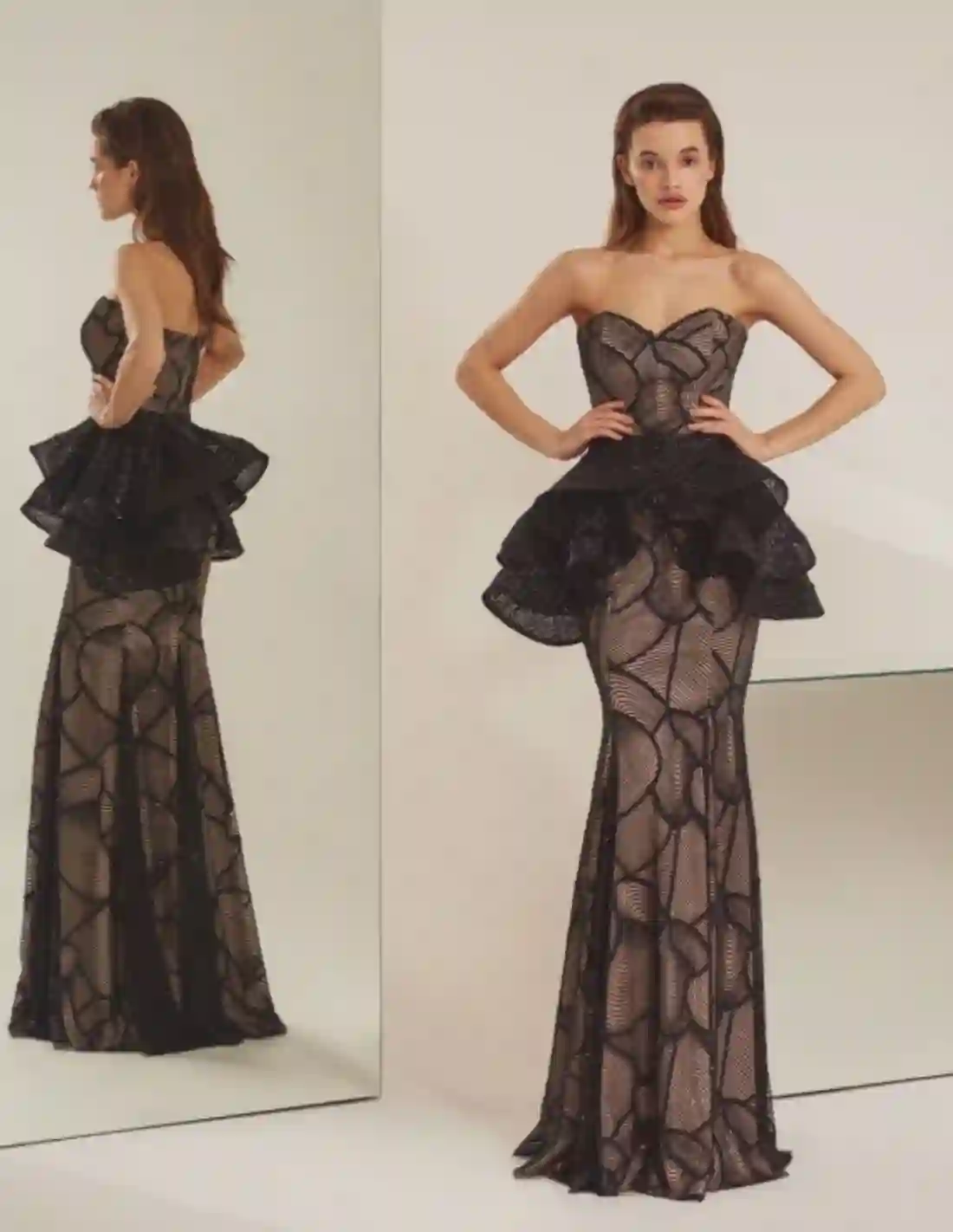 Long black lace party dress with overfalled