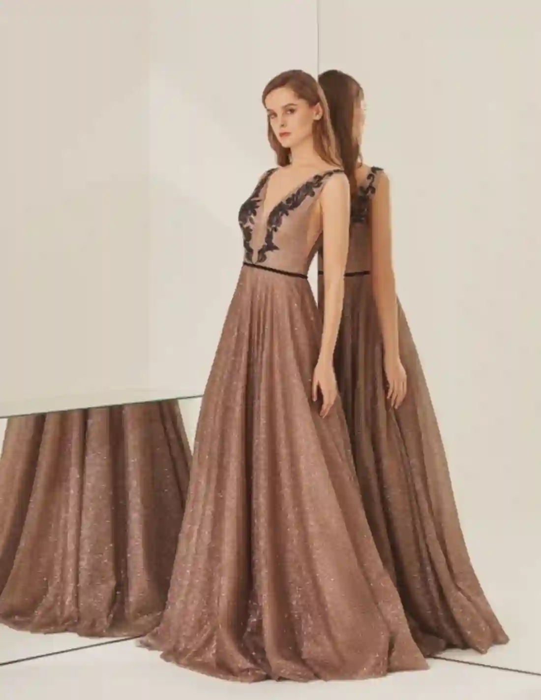Long bronze party dress with black lace in neckline