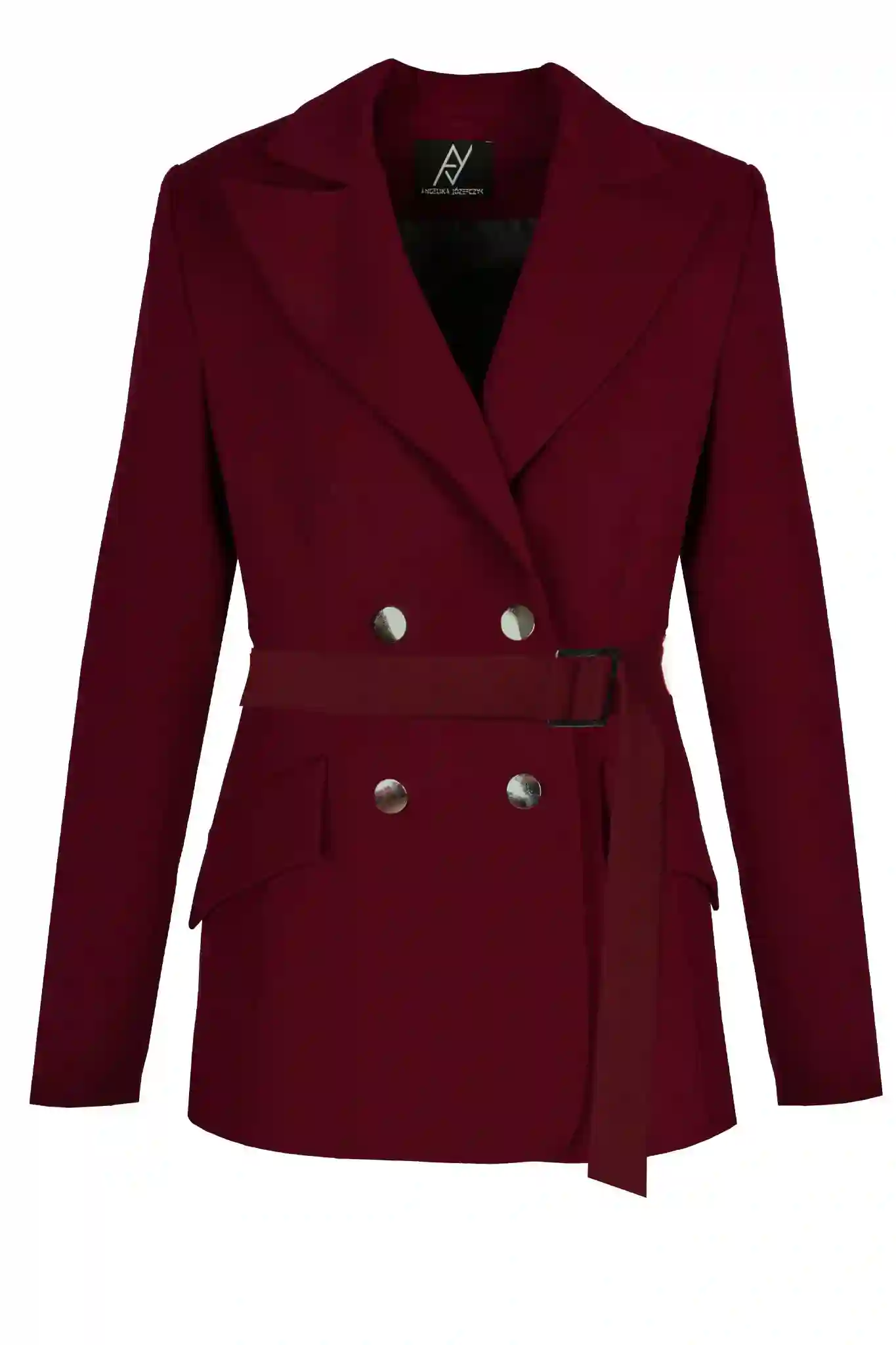 Blazer burdeos de doble botonadura con cinturón ajustable