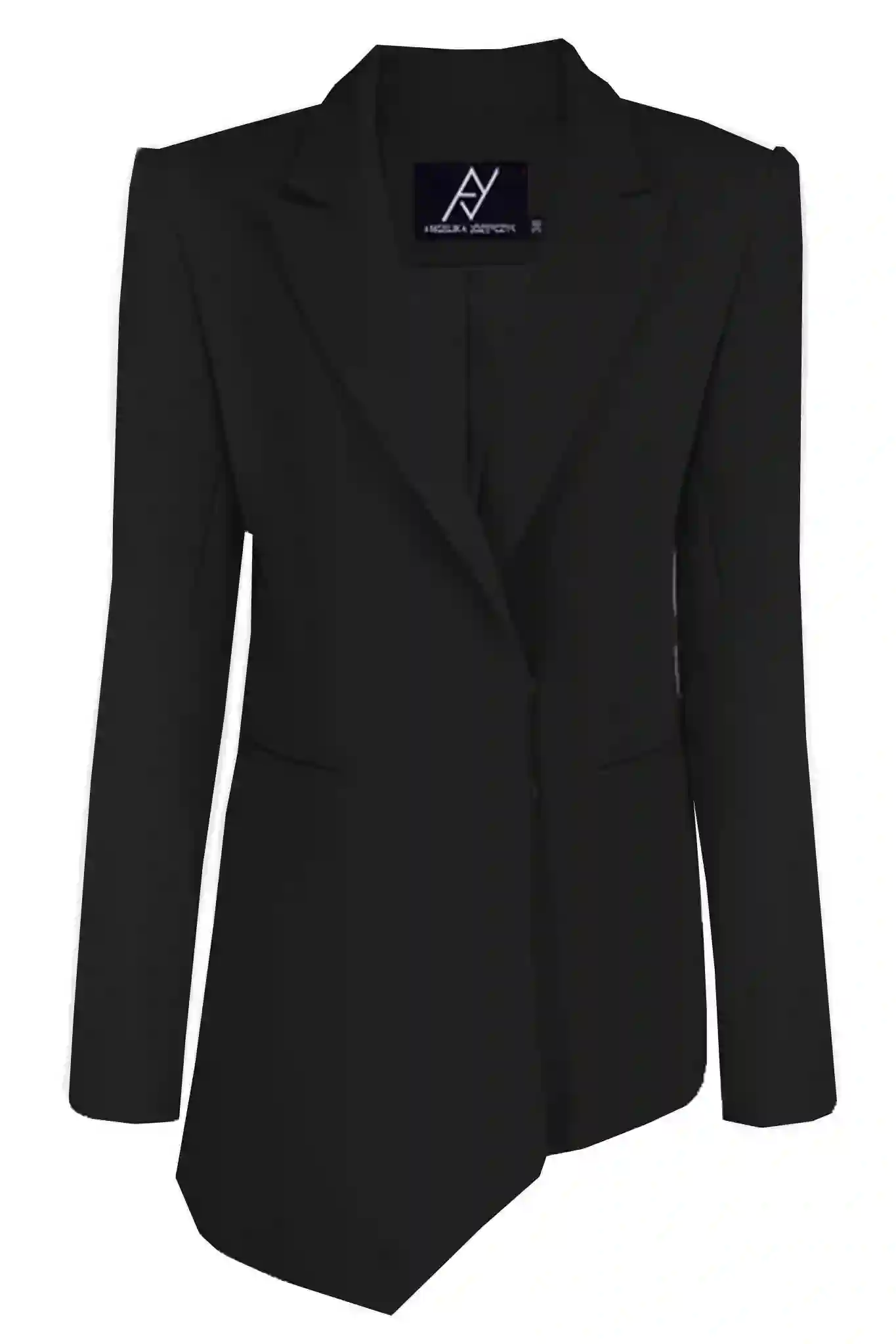Blazer de diseño asimétrico en color negro con hombreras