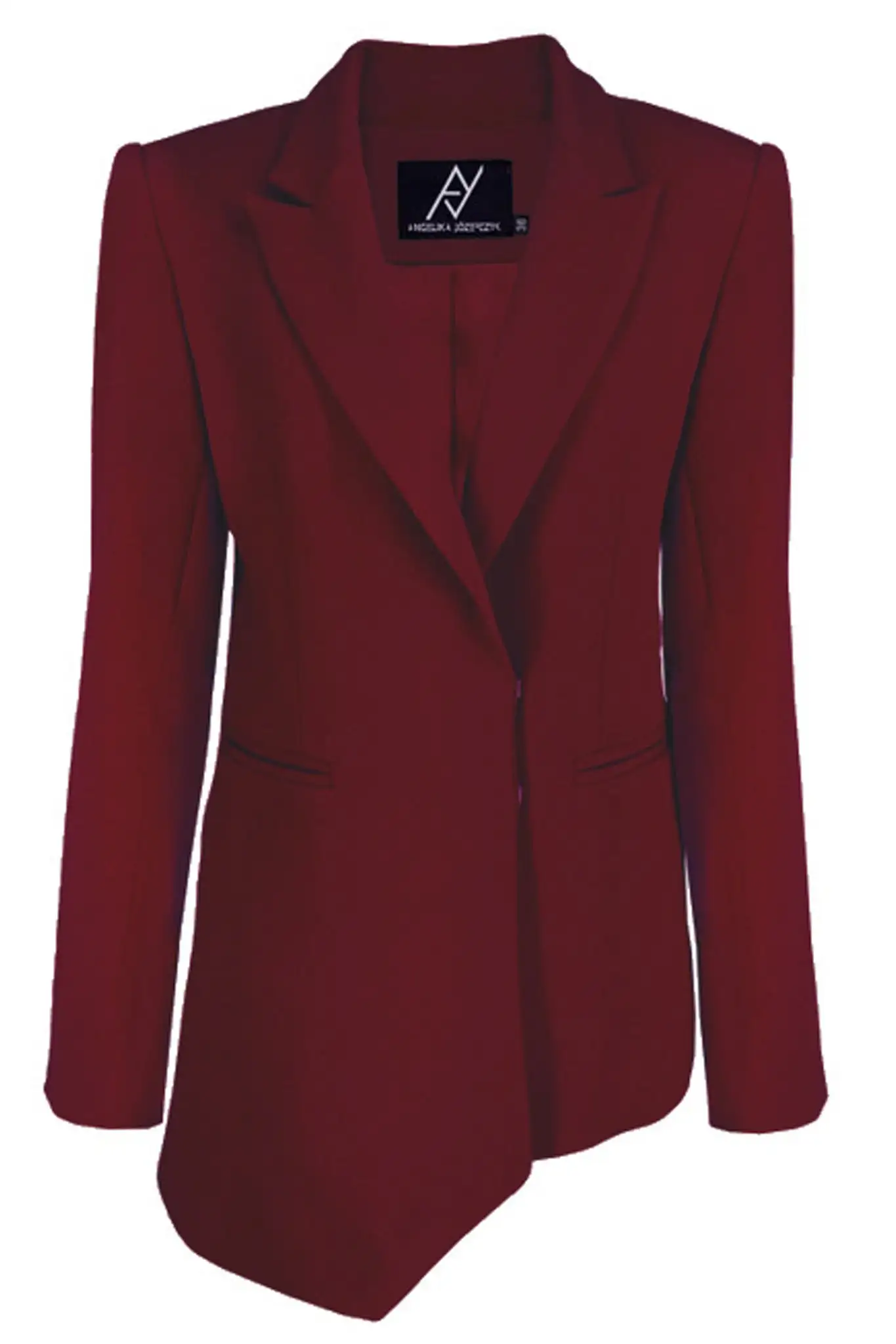 Blazer de mujer burdeos con hombrera y diseño asimétrico