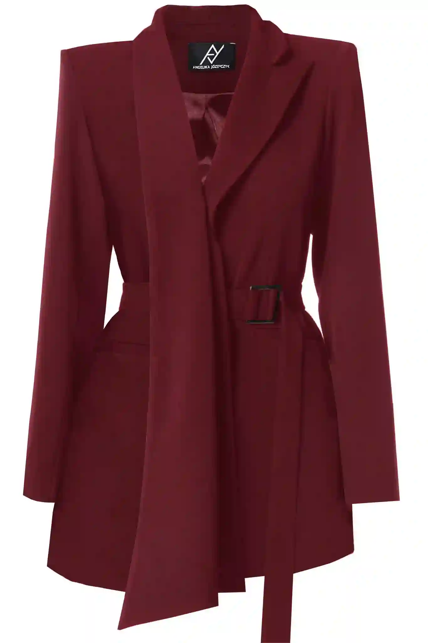 Blazer burdeos de diseño asimétrico con cinturón ajustable