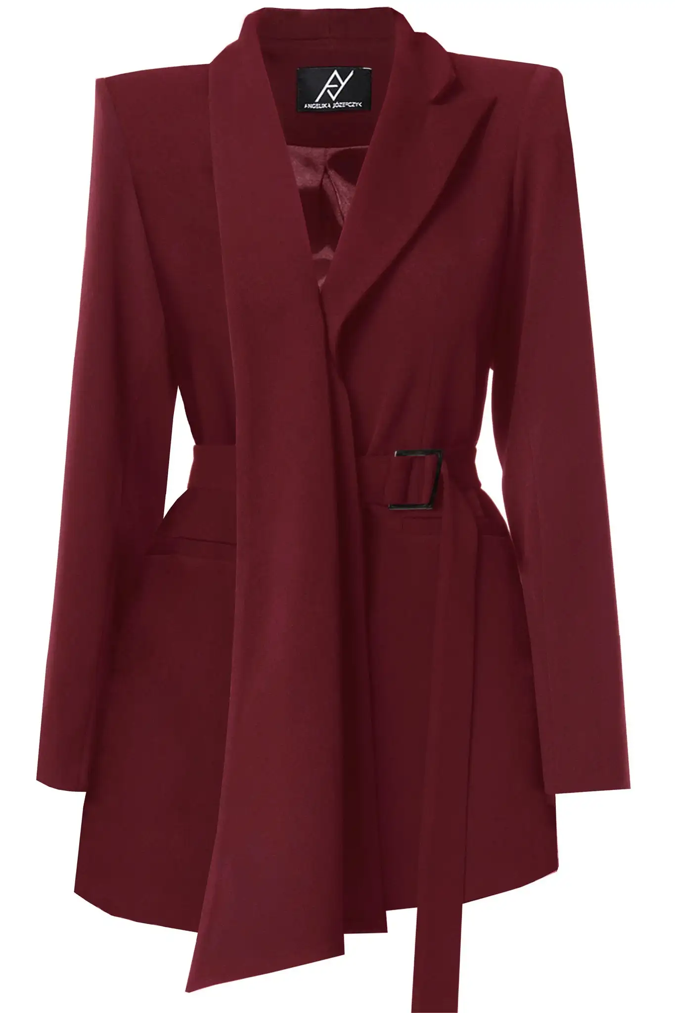 Blazer burdeos de diseño asimétrico con cinturón ajustable