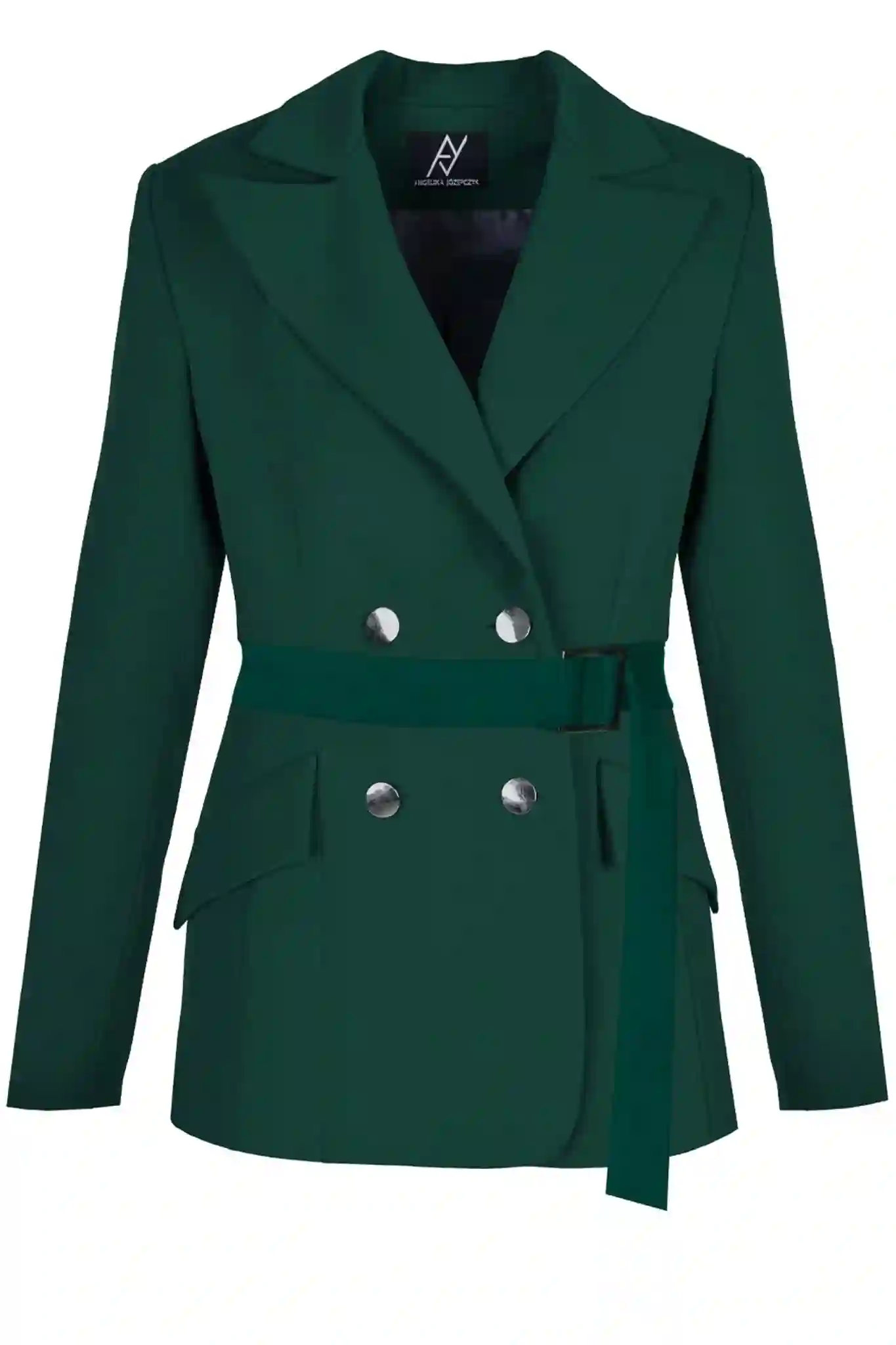 Blazer verde botella de doble botonadura con cinturón ajustable