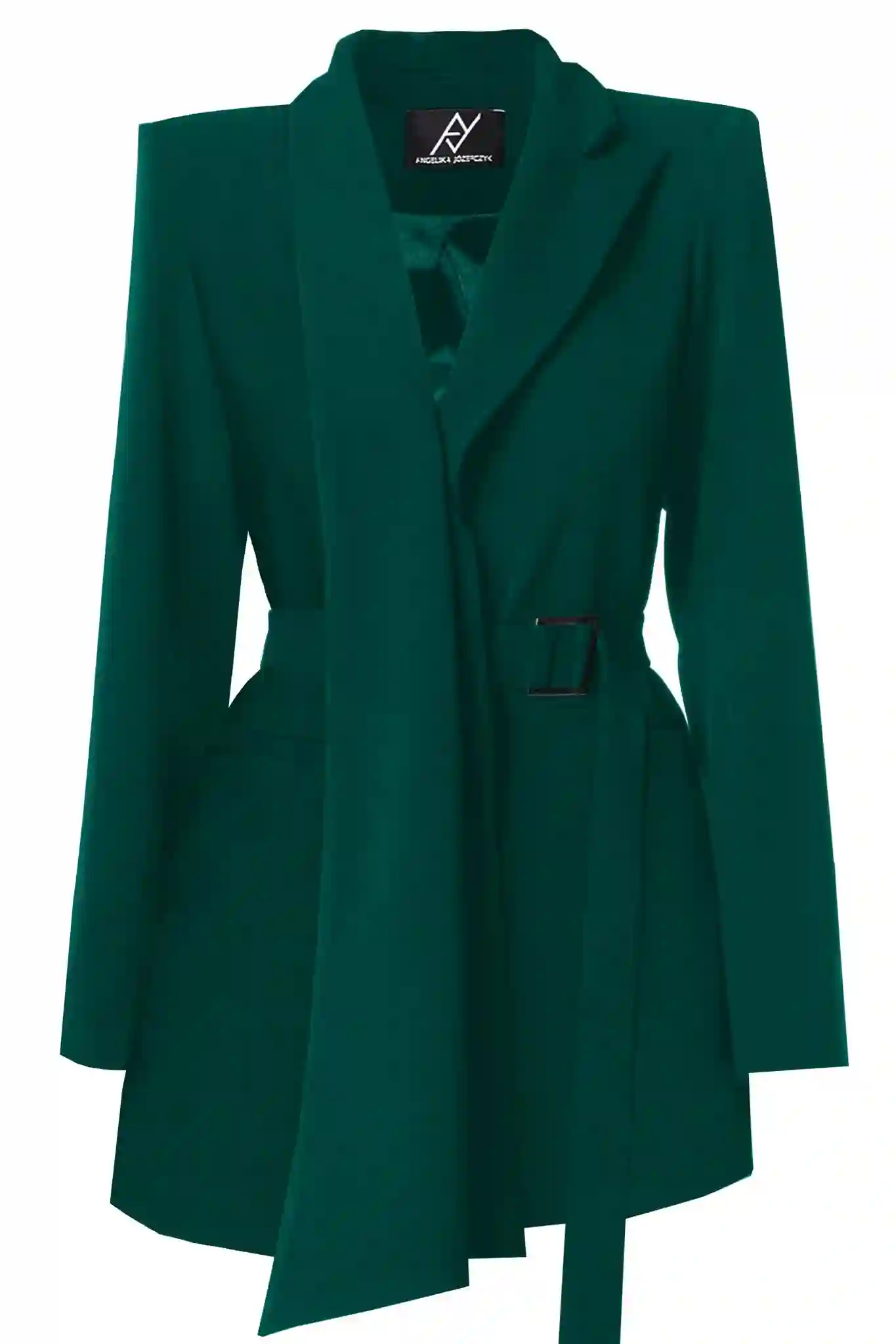 Blazer verde botella de diseño asimétrico y cinturón ajustable