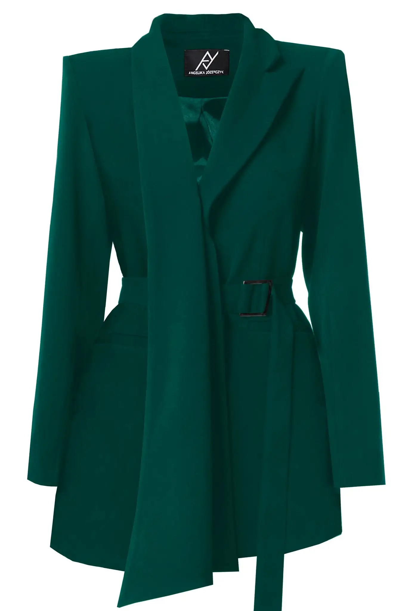 Blazer verde botella de diseño asimétrico y cinturón ajustable