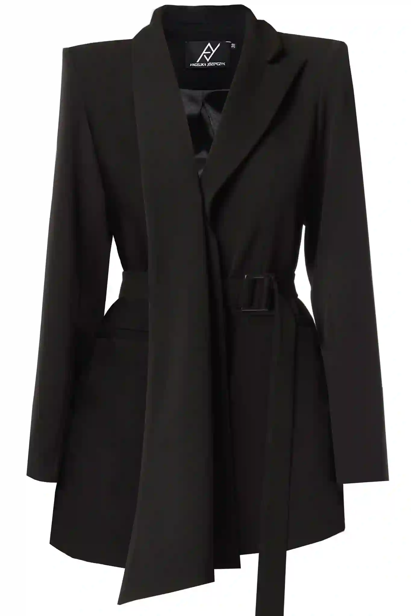 Blazer negro de diseño asimétrico con cinturón ajustable