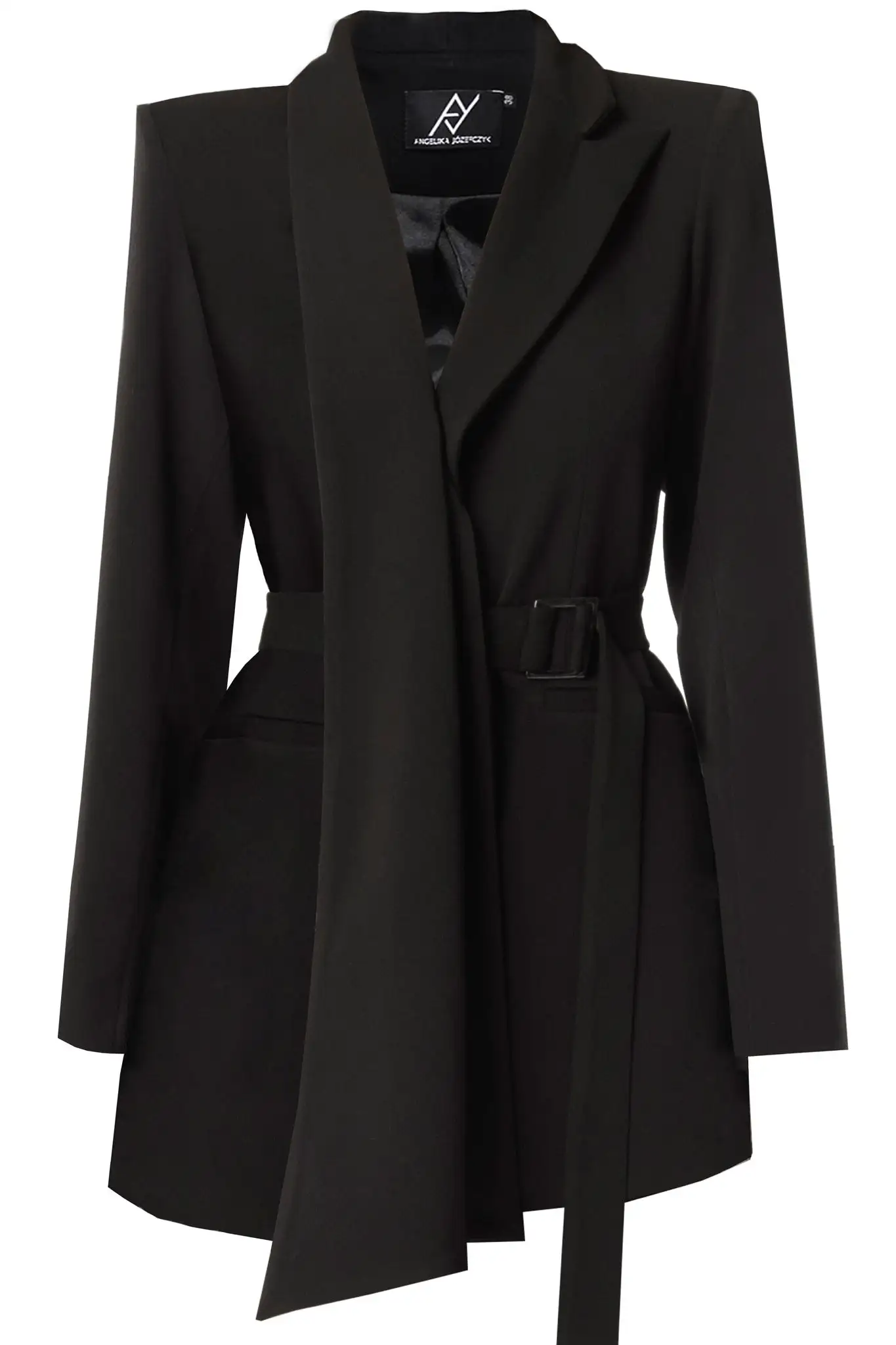 Blazer negro de diseño asimétrico con cinturón ajustable