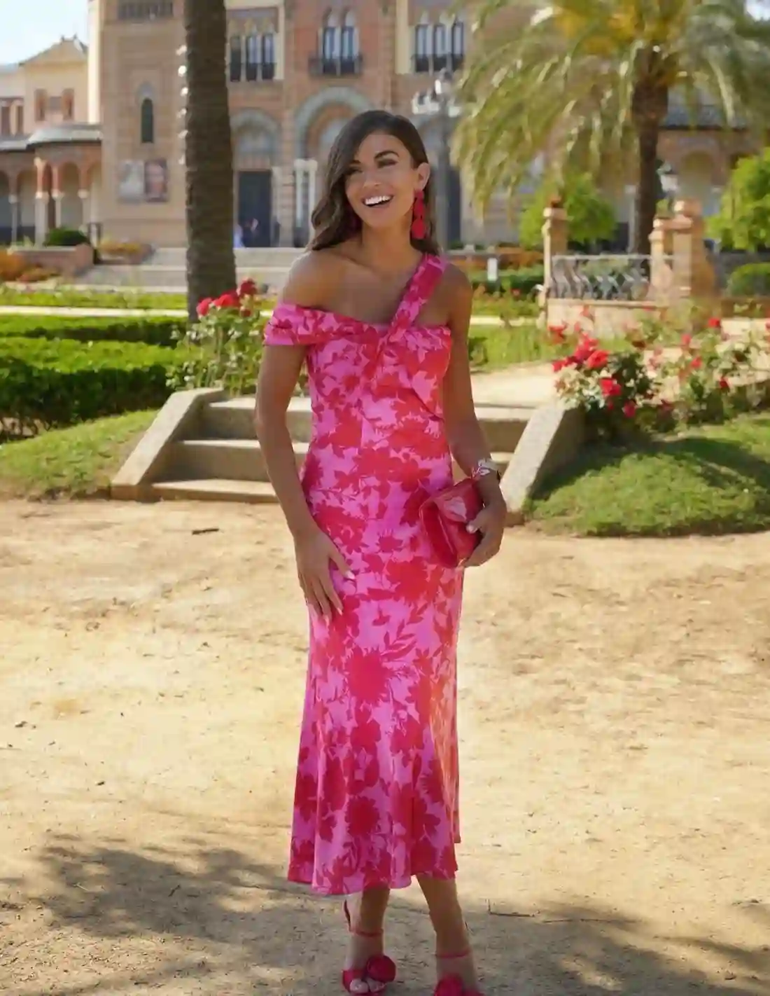 Vestido de fiesta midi con escote bardot y estampado floral - Rocio Camacho