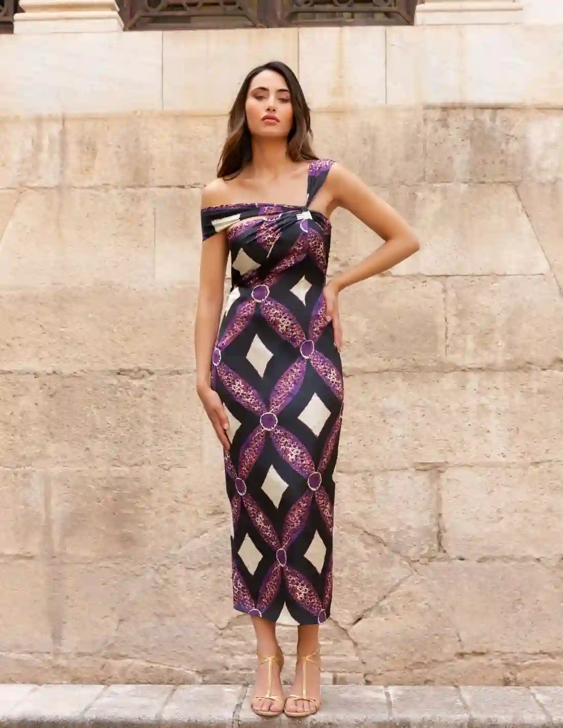 Vestido midi de fiesta estampado con capa de gasa