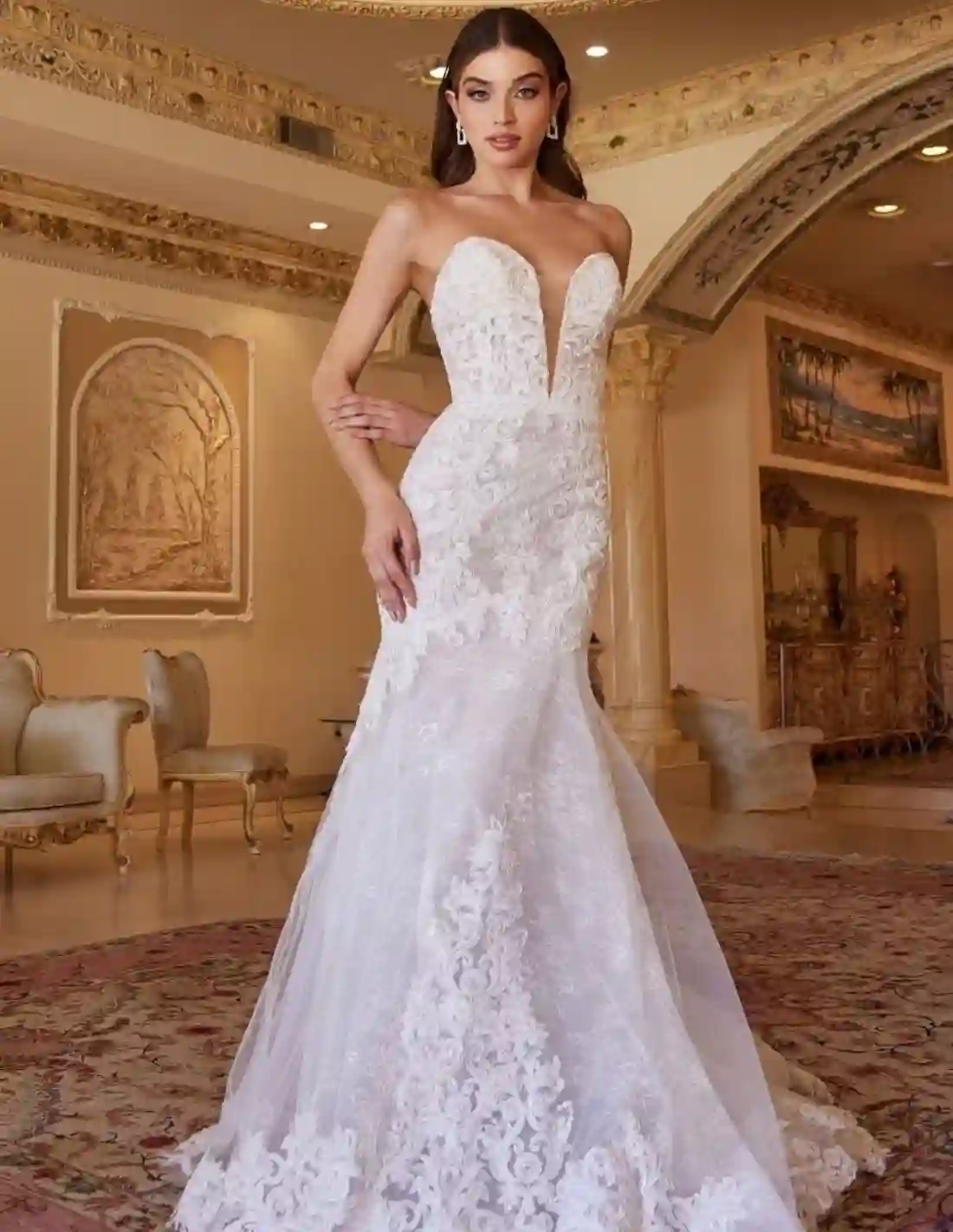 Vestido de novia de encaje sin tirantes y escote en V