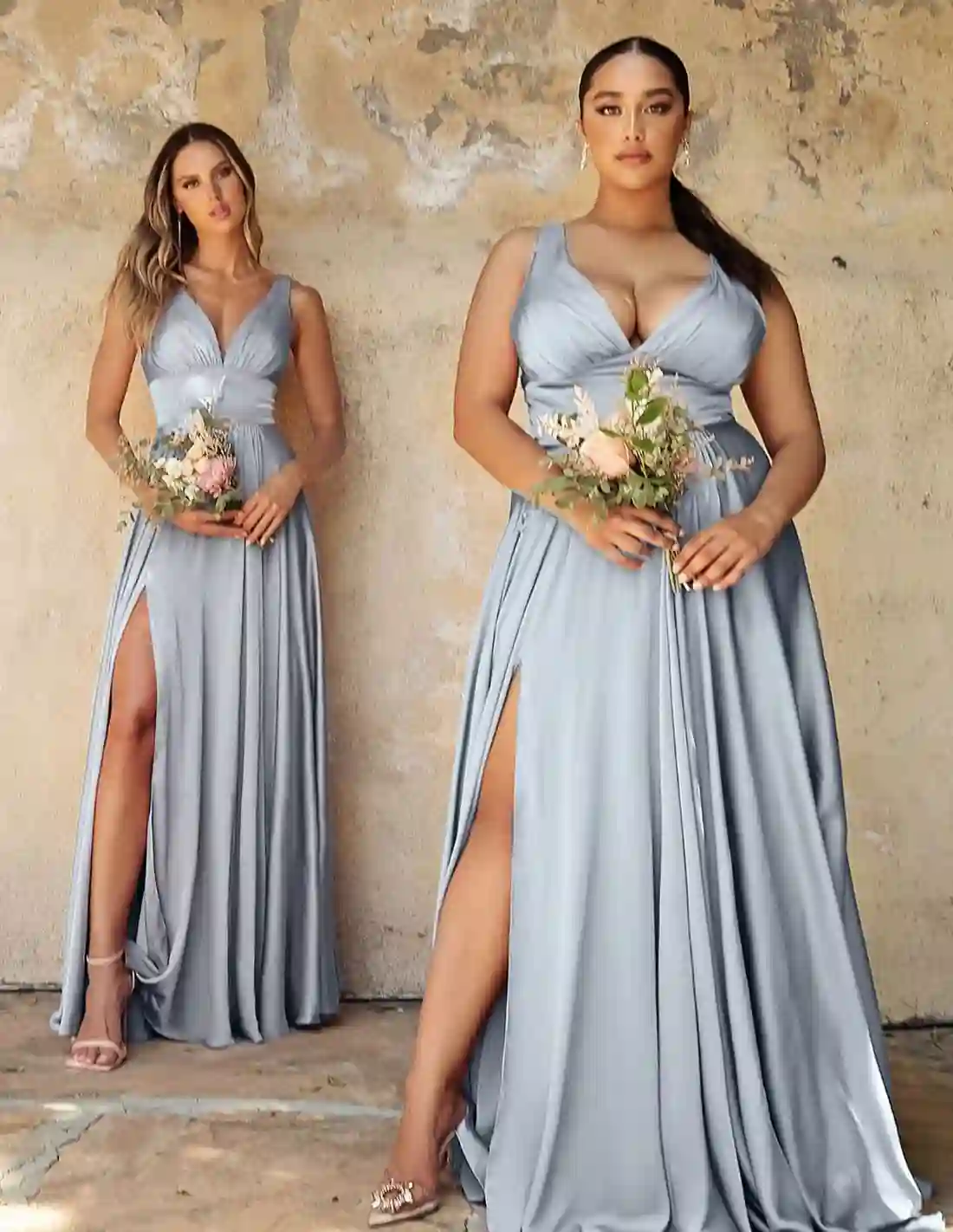 Vestido de fiesta largo satinado con escote en V y fajín